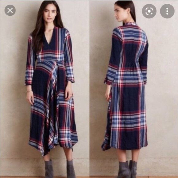 Anthropologie Isabella Sinclair Tartan Asymmetric Midi Dress Size XS EUC - Picture 3 of 13